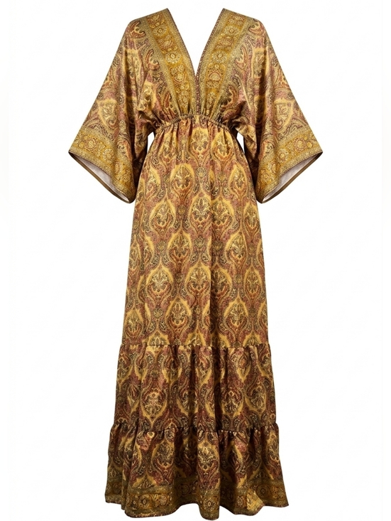 Zury Dresses & Skirts - Zury Silk Blend Paisley Maxi Dress V-Neck Kaftan Tiered Boho Festival Free Size